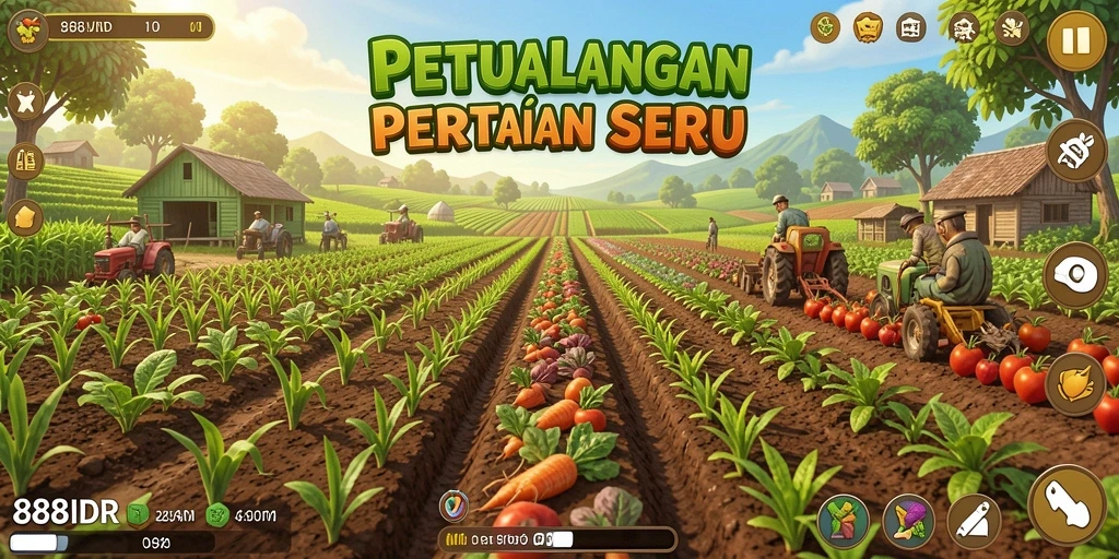 Tampilan gameplay menarik dengan latar belakang pertanian yang hijau.
