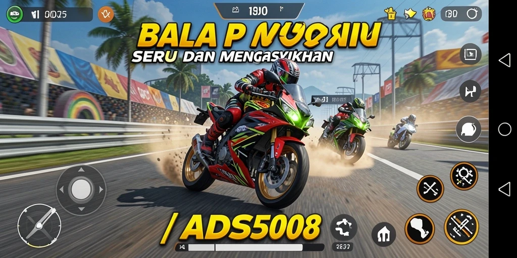 Screenshot dari gameplay balap motor yang menegangkan.