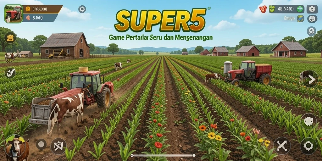 Tangkapan layar utama SUPER5 menunjukkan keseruan gameplay pertanian.